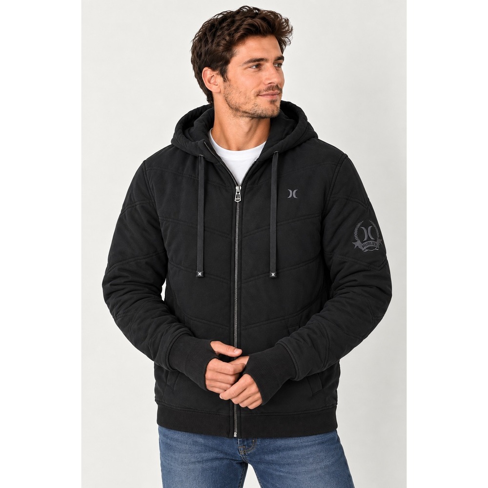 Hurley Mens Black Quilted Full Zip Hooded Puffer Jacket MFT6411C Holiday 2008 L